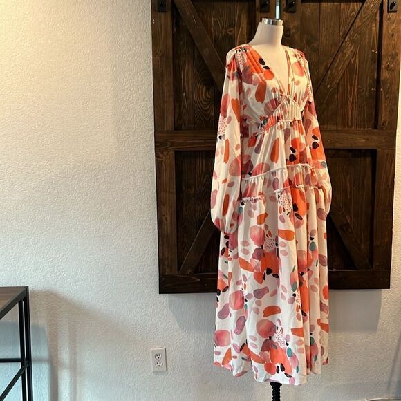 Puff Sleeve Floral Maxi Bohemian V Neck Tiered Casual Tiered Summer Maxi - Picture 9 of 16